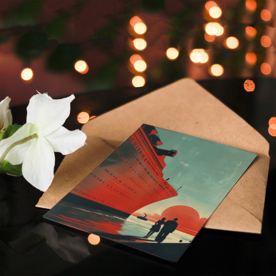 image 1 of Greeting Card Cruise Ship Sunset Harbour Red Blue Travel Farewell