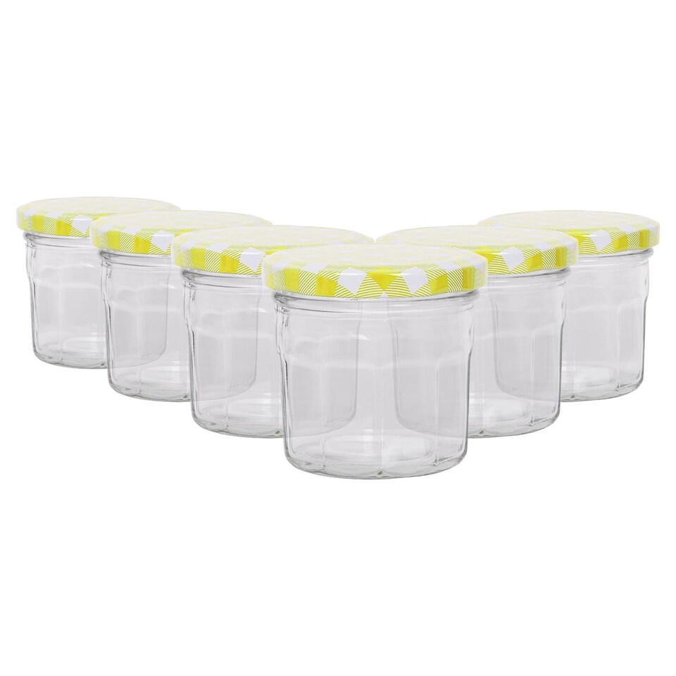 image 1 of Argon Tableware Glass Jam Jars with Yellow Gingham Lids - 130ml - Pack of 6