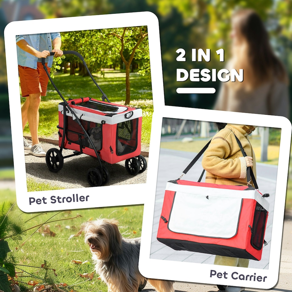 image 1 of PawHut Foldable Pet Stroller w/ Detachable Carrier, Soft Padding - Red