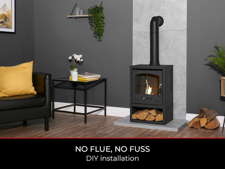 image 1 of OKO S2 Bio Ethanol Stove with Log Storage in Charcoal Grey with Tall Angled Stove Pipe