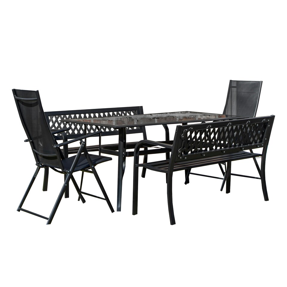 image 1 of Outdoor 6 Person Rectangular Glass Top Garden Dining Table Benches & Chairs Set