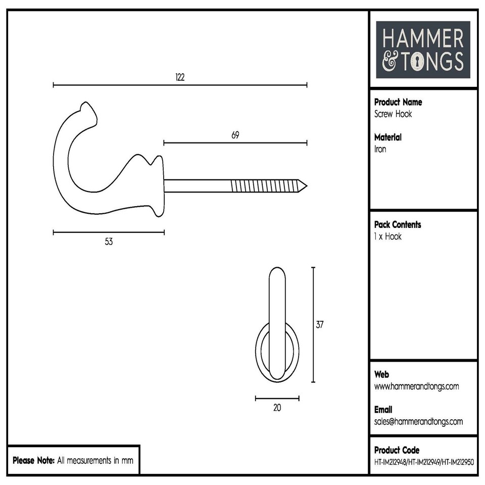 image 1 of Hammer & Tongs Screw Hook - W20mm x H35mm - Black