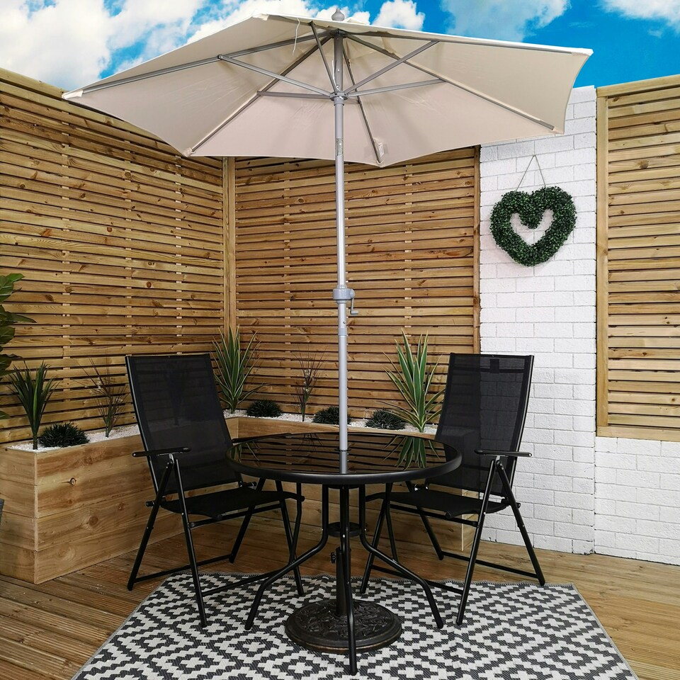 image 1 of Outdoor 2 Person Round Glass Top Garden Patio Dining Table Chairs Cream Parasol and Base Set