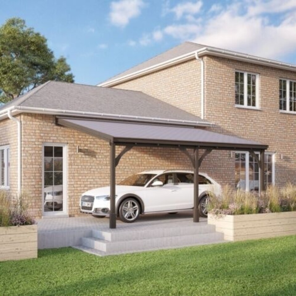 image 1 of Felt Shingle Roof Car Port 3 Post - Wood - L300 x W722 cm - Rustic Brown Brown