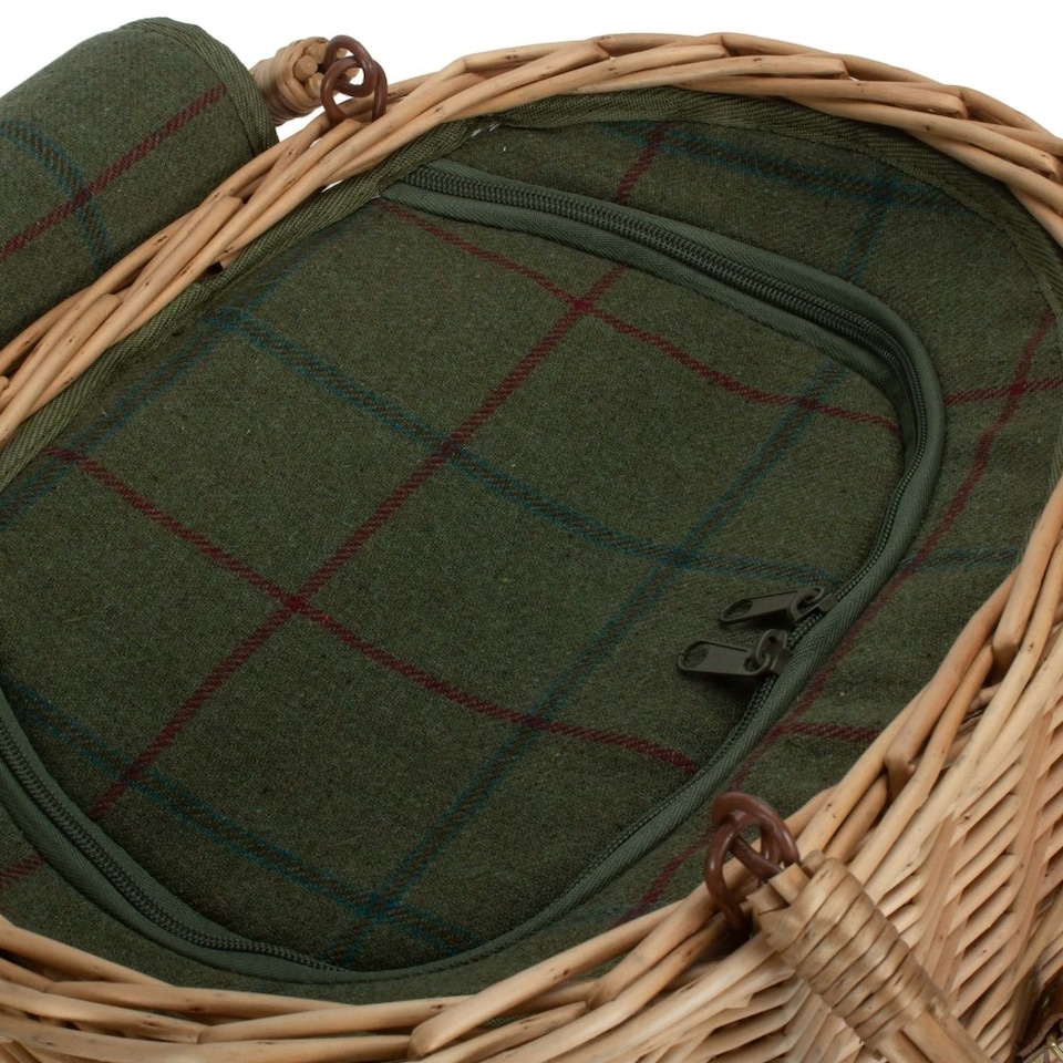 image 1 of Wicker Oval Green Tweed Fitted Cool Bag Drinks Picnic Basket