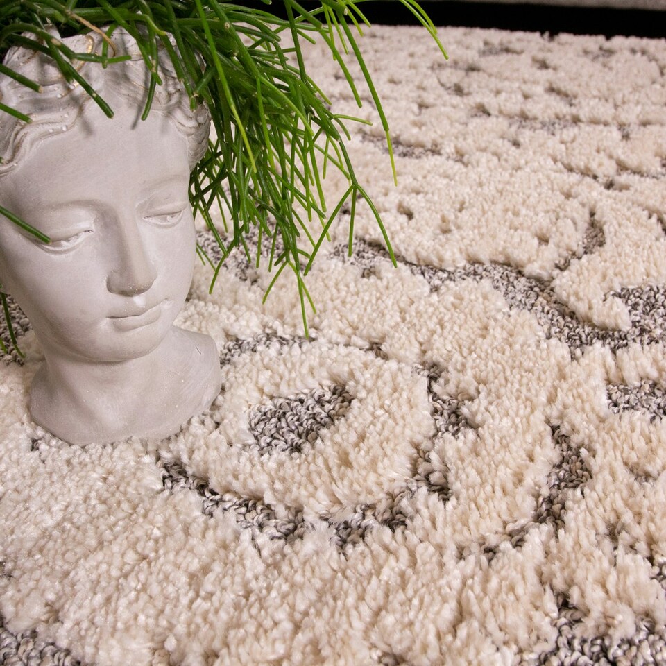 image 1 of KUKOON Grey Cream Floral Plush Loop Pile Living Room Area Rug 60cm x 110cm