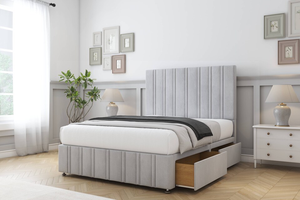 image 1 of Sloomy Langston Silver Naples Divan Bed Base No Drawers With 54 Inch Floor Standing Headboard & 12 Inch Matching Footboard | Silver | Silver | King | 1