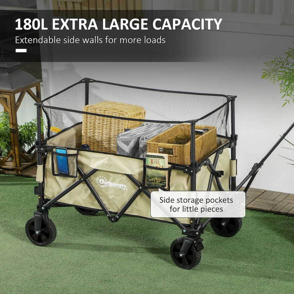 image 1 of Outsunny 180L Folding Garden Trolley Wagon Cart w/ Extendable Side Walls, Black