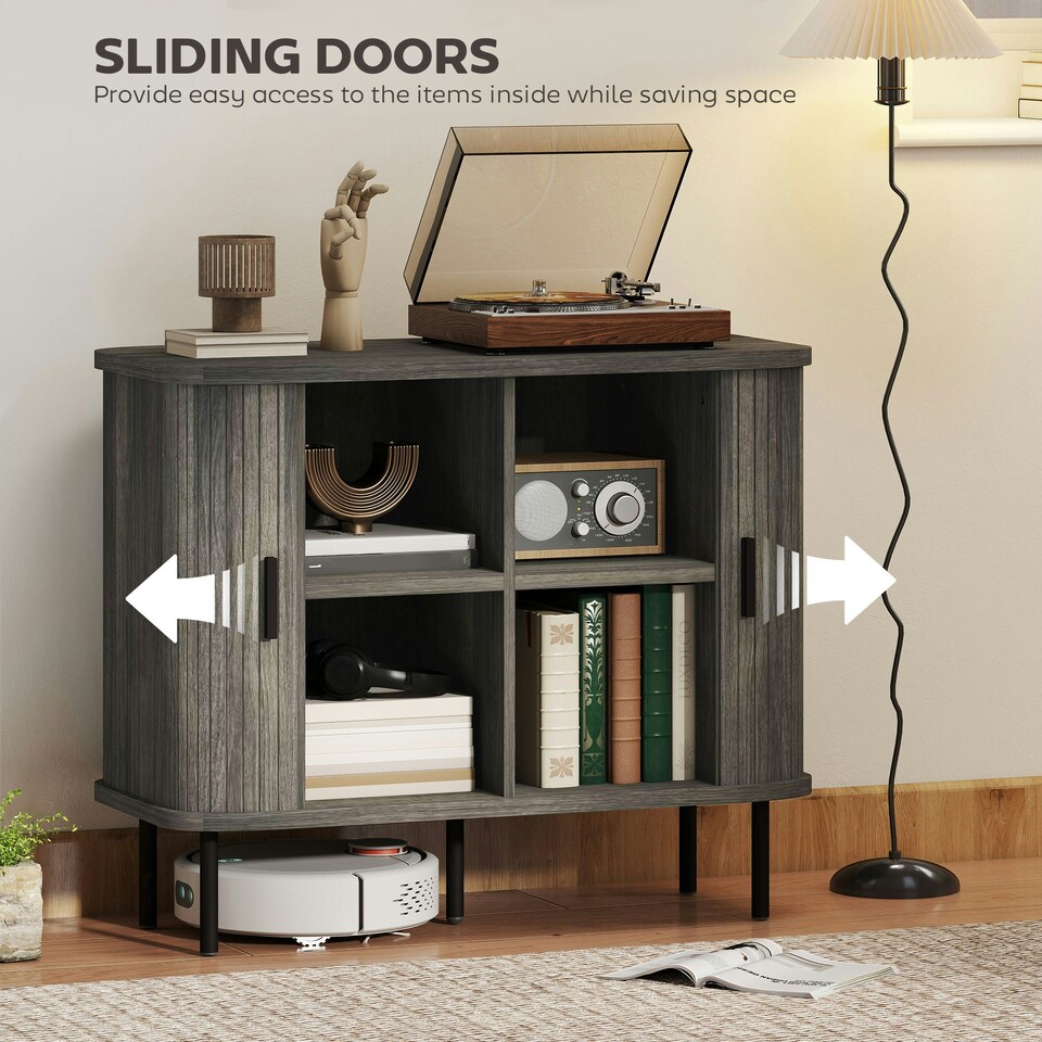 image 1 of HOMCOM Sideboard Storage Cabinet with Slatted Tambour Sliding Doors Grey Grey | Black