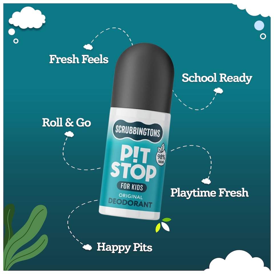 image 1 of Scrubbingtons Pit Stop Kids Deodorant Natural Roll On For Children, Teens Natural Ingredients For Sensitive Skin Paediatrician approved, Aluminium & Alcohol Free, Original, 75ml x 4 | White | 4