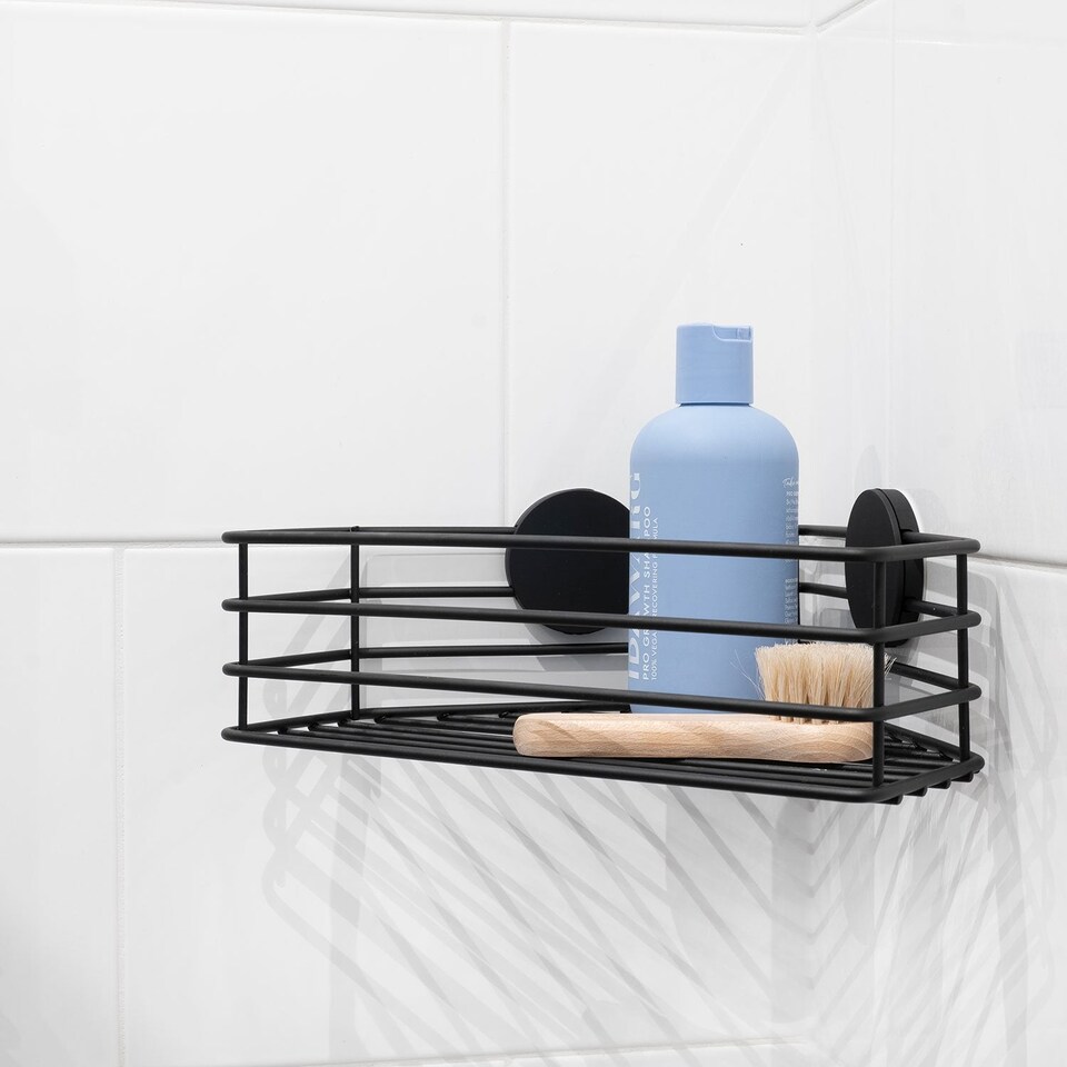 image 1 of BESLAGSBODEN Matt Black Self Adhesive Corner Shower Basket