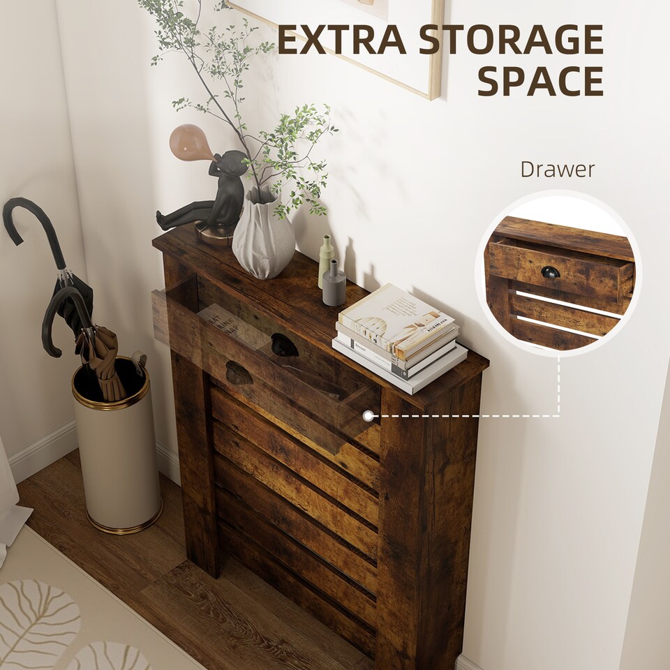 image 1 of HOMCOM Radiator Cover with Drawer, Horizontal Slat, 78cm | Brown | Rustic Brown | 78W x 19D x 95.5H cm