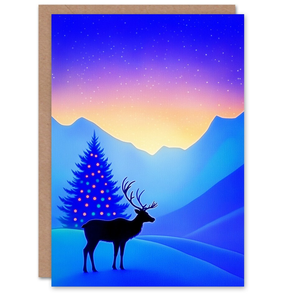 image 1 of Greeting Card Winter Wonderland Sunrise Reindeer Decorated Tree Blank For Him Or Her Art Xmas Christmas Card