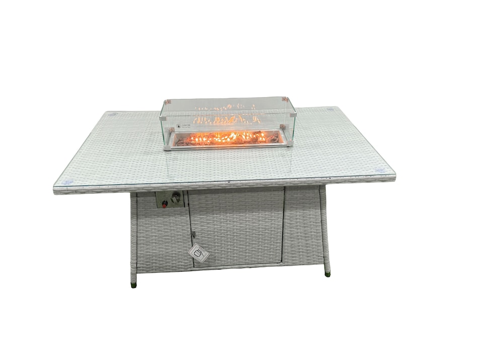 image 1 of Fimous Outdoor Garden Dining Sets Rattan Furniture Gas Fire Pit Dining Table Gas Heater with 2 Side Tables 2 Big Footstools Light Grey