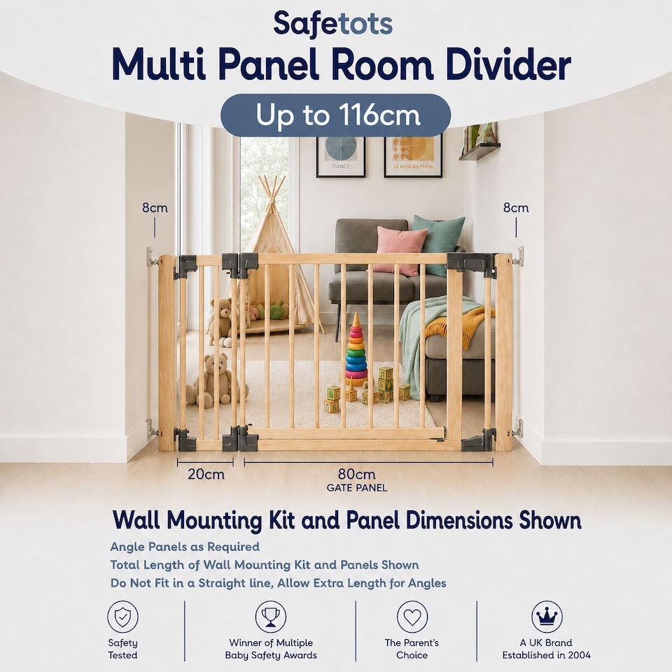 image 1 of Safetots Wooden Multi Panel Room Divider, up to 116cm, Natural Wood, 76cm Tall, Flexible Room Divider for Baby and Toddler | Cream | Natural