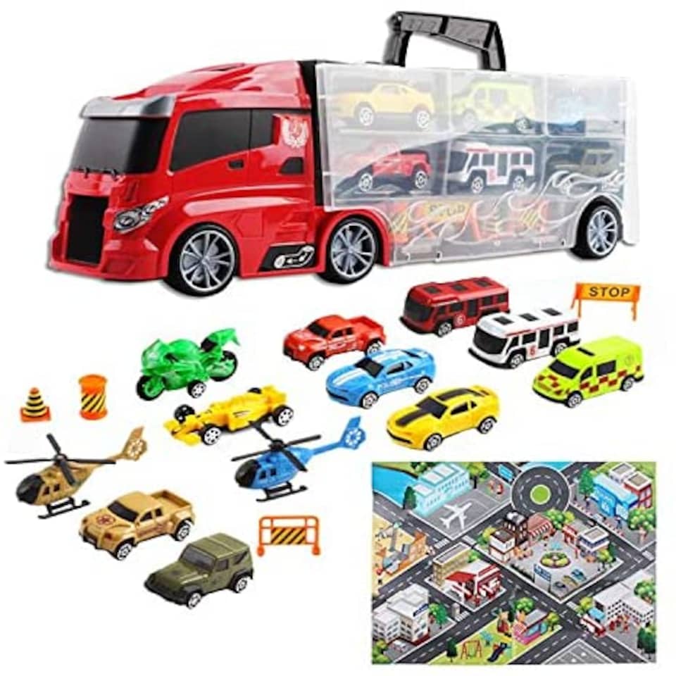 image 1 of Transporter Truck Carrycase Play Set with 12 Vehicles, Accessories & Play Map – Portable Toy for Kids