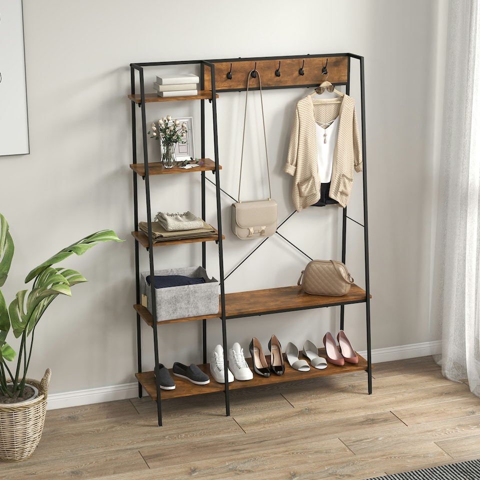 image 1 of HOMCOM Coat Rack, Coat Stand with Shoe Storage, 5 Hooks Brown