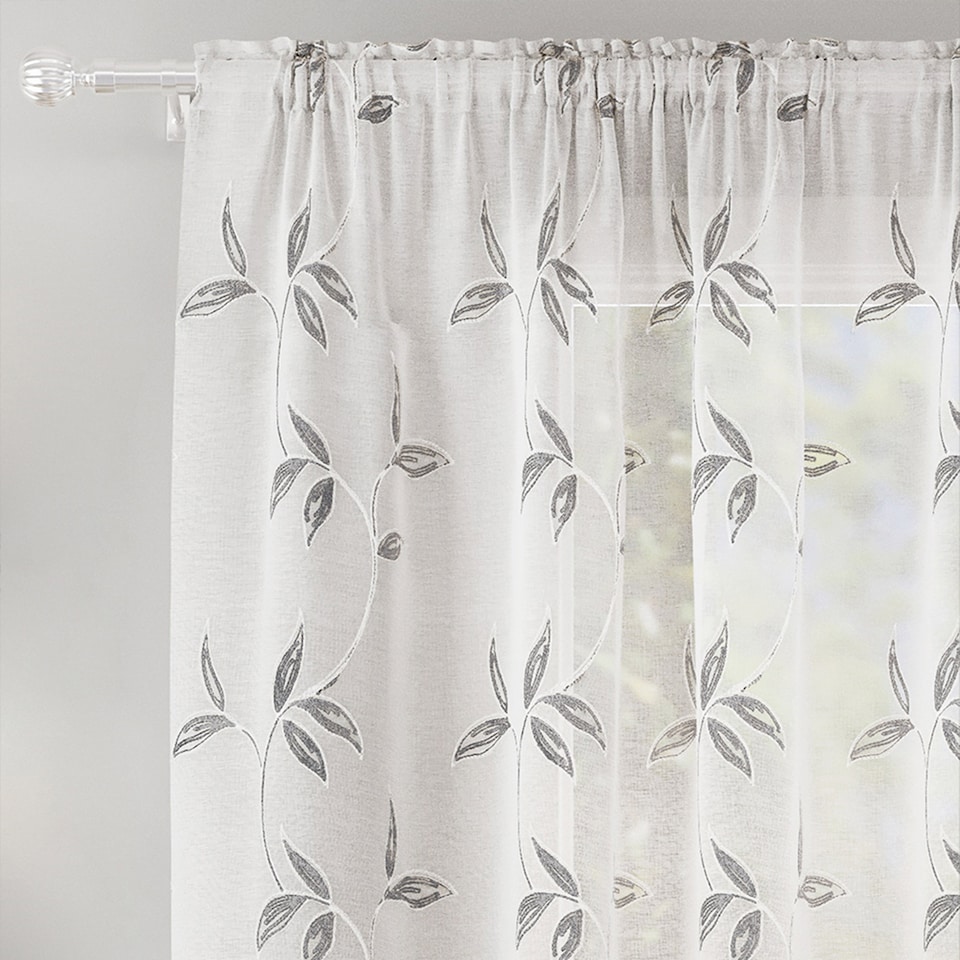 image 1 of Oasis Grey Embroidered Leaf Design Voile Panels - Pair 140 x 183cm (55x72")