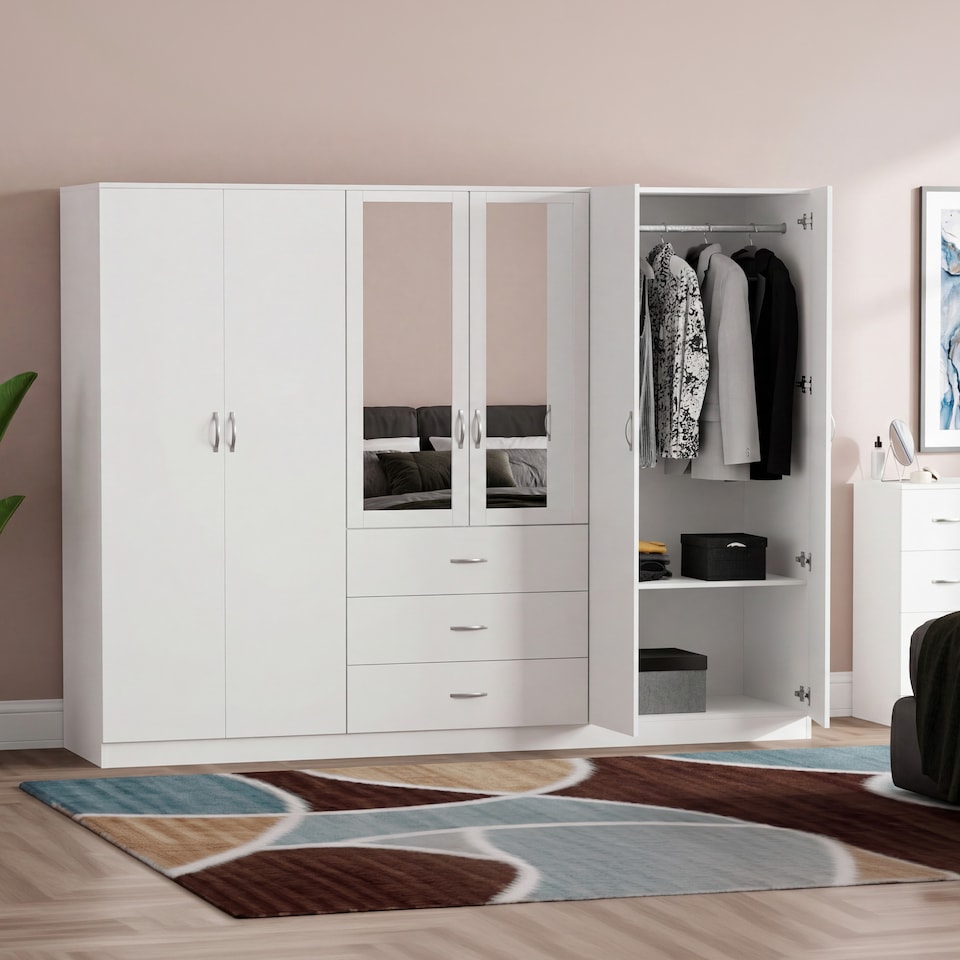 image 1 of Vida Designs Riano 6 Door 3 Drawer XX-Large Mirrored Wardrobe, White