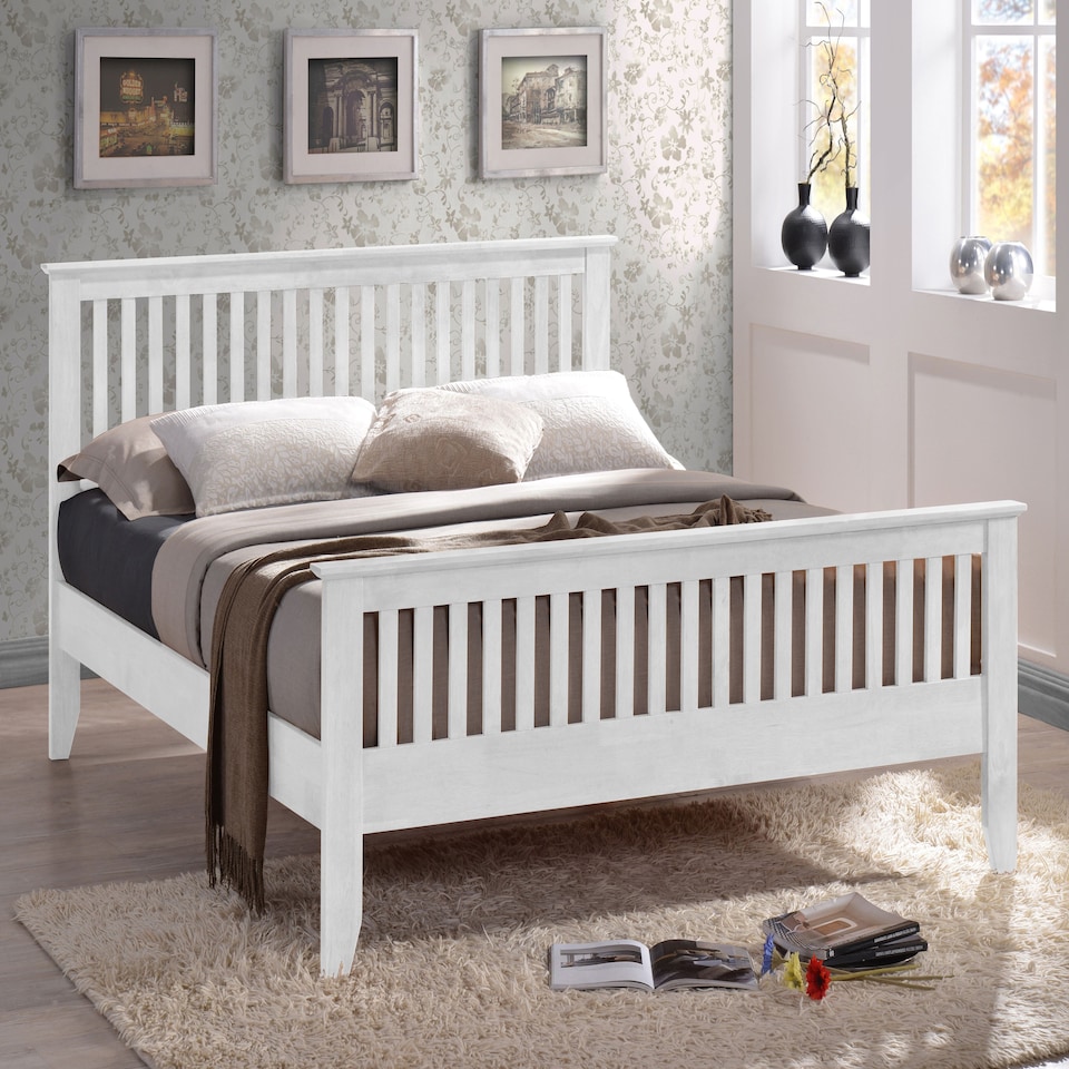 image 1 of 4ft6 Double White Shaker Wood Wooden Bed Frame Bedstead High Foot End