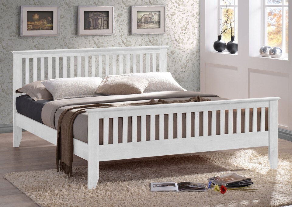 image 1 of 4ft6 Double White Shaker Wood Wooden Bed Frame Bedstead High Foot End