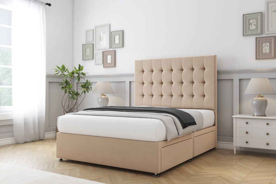 image 1 of Sloomy Alabama Pebble Plush Divan Bed Base 2 Drawers Same Side With 54 Inch Floor Standing Headboard | Brown | Pebble | Small Single | 1