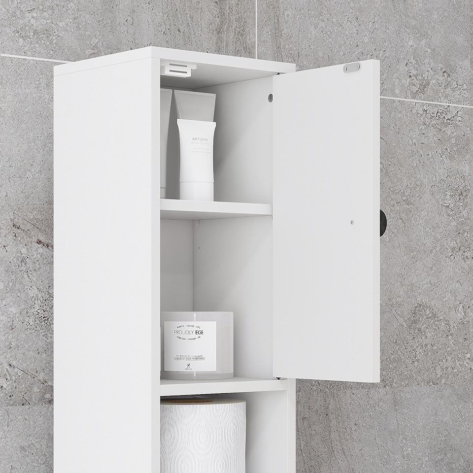 image 1 of kleankin 180cm Tall Bathroom Cabinet, Slim Bathroom Storage Cabinet with 4 Open Shelves, 2 Door Cupboards and Adjustable Shelves, White