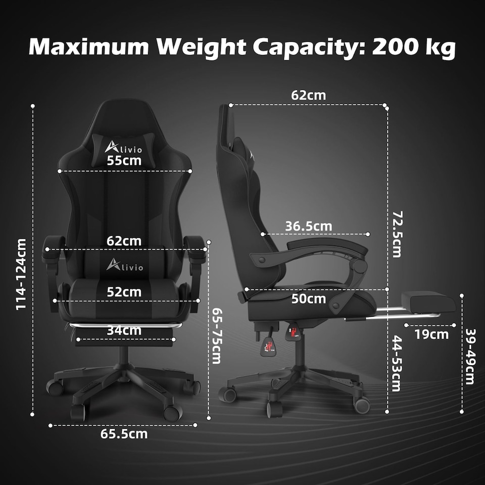 image 1 of Alivio Ergonomic Gaming Chair with Massage Lumbar Cushion & Retractable Footrest, PU Leather Video Game Chair (Black)