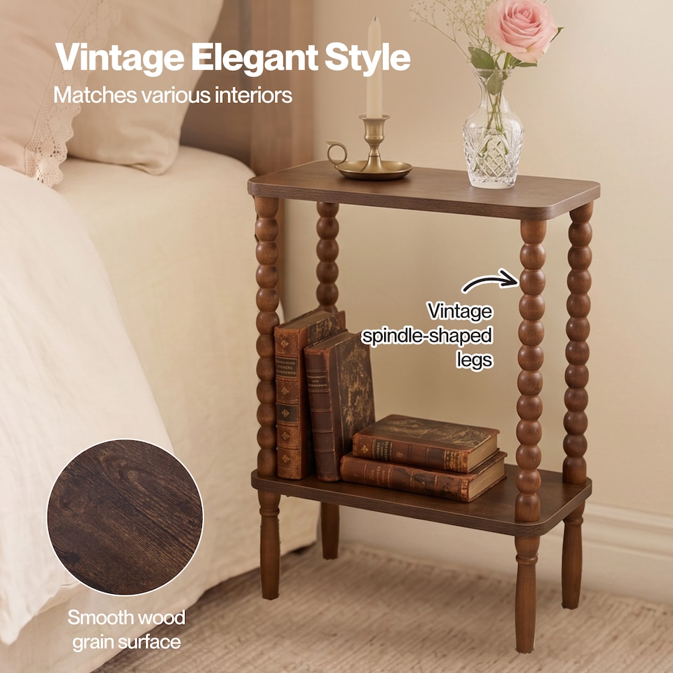 image 1 of Levede Narrow Side Table 2 Tier Storage MDF End Table Rubber Wood Legs Brown