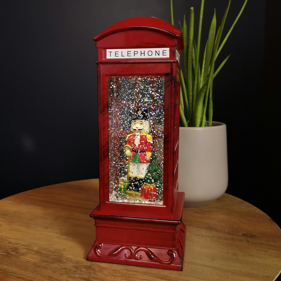 image 1 of 27cm LED Christmas Glitter Water Spinner Red Telephone Box with Speaking Nutcracker Scene