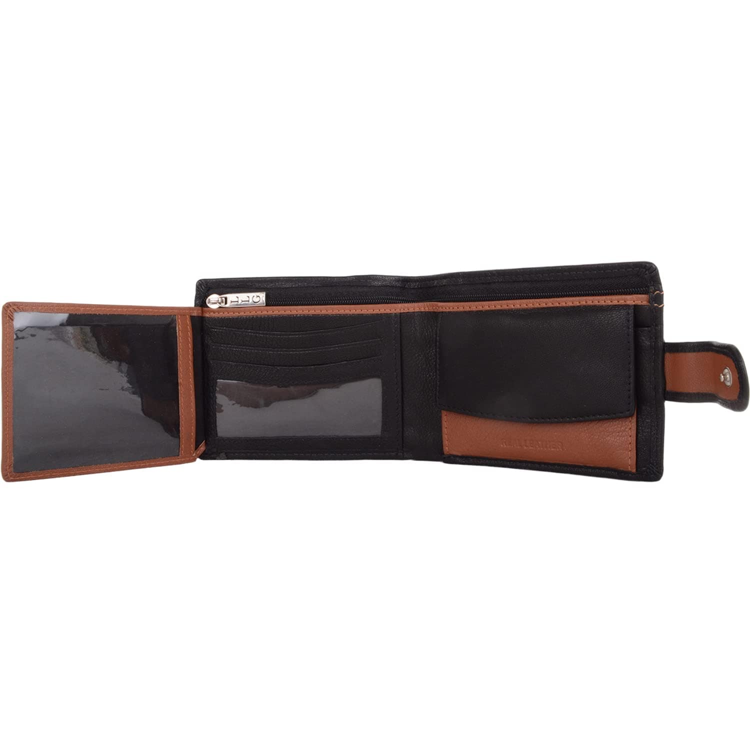London Leathergoods Mens Genuine Leather Contrast Stitching Credit Card Holder Wallet - Black with Tan Black Black/Tan