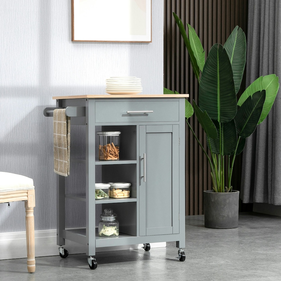 image 1 of HOMCOM Compact Kitchen Trolley Utility Cart on Wheels with Open Shelf Grey