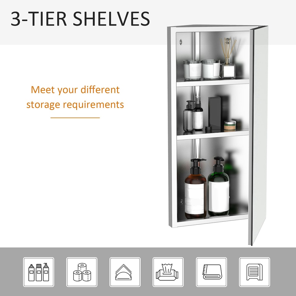 image 1 of HOMCOM Bathroom Corner Wall Mirror Storage Cabinet Cupboard Stainless Steel