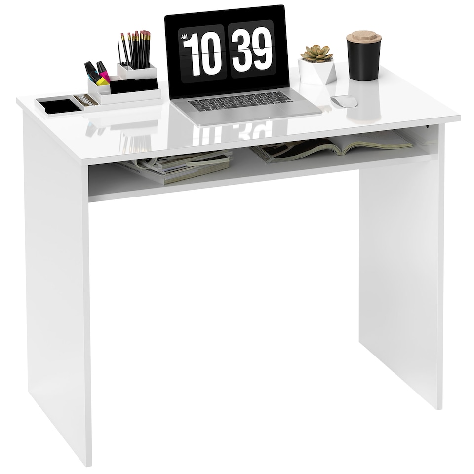 image 1 of HOMCOM Modern Computer Desk, Home Office Table, Small Writing Desk with Storage Shelf, 90 x 50cm, High Gloss White