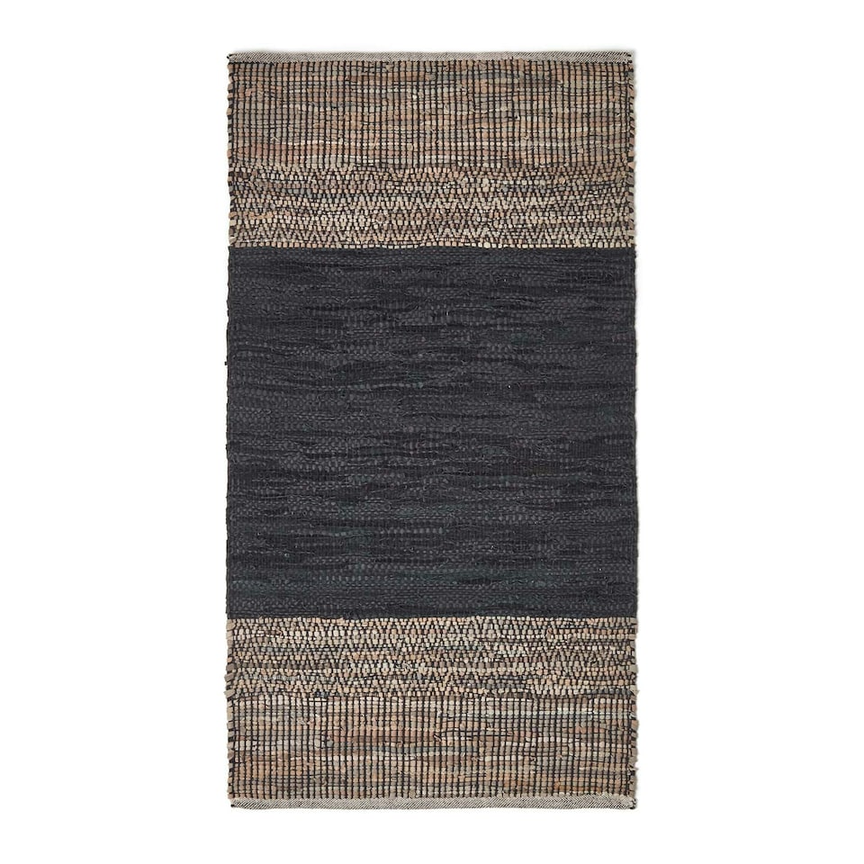 image 1 of Homescapes Black Recycled Leather Handwoven Herringbone Rug - 90 x 150 cm | Black | 90 x 150 cm