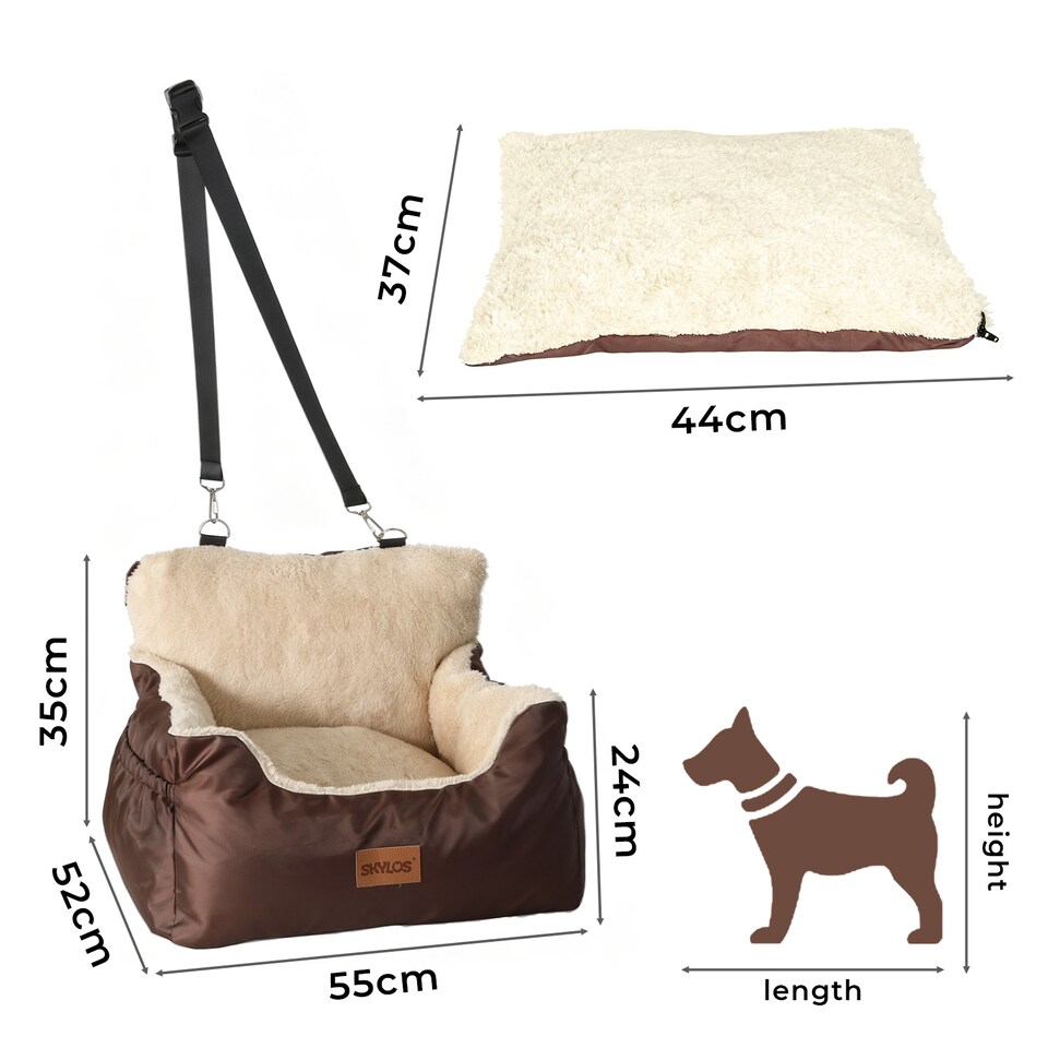 image 1 of Skylos Dog Car Seat Bed Pet Booster Travel Carrier with Safety Leash | Brown | Brown | 1