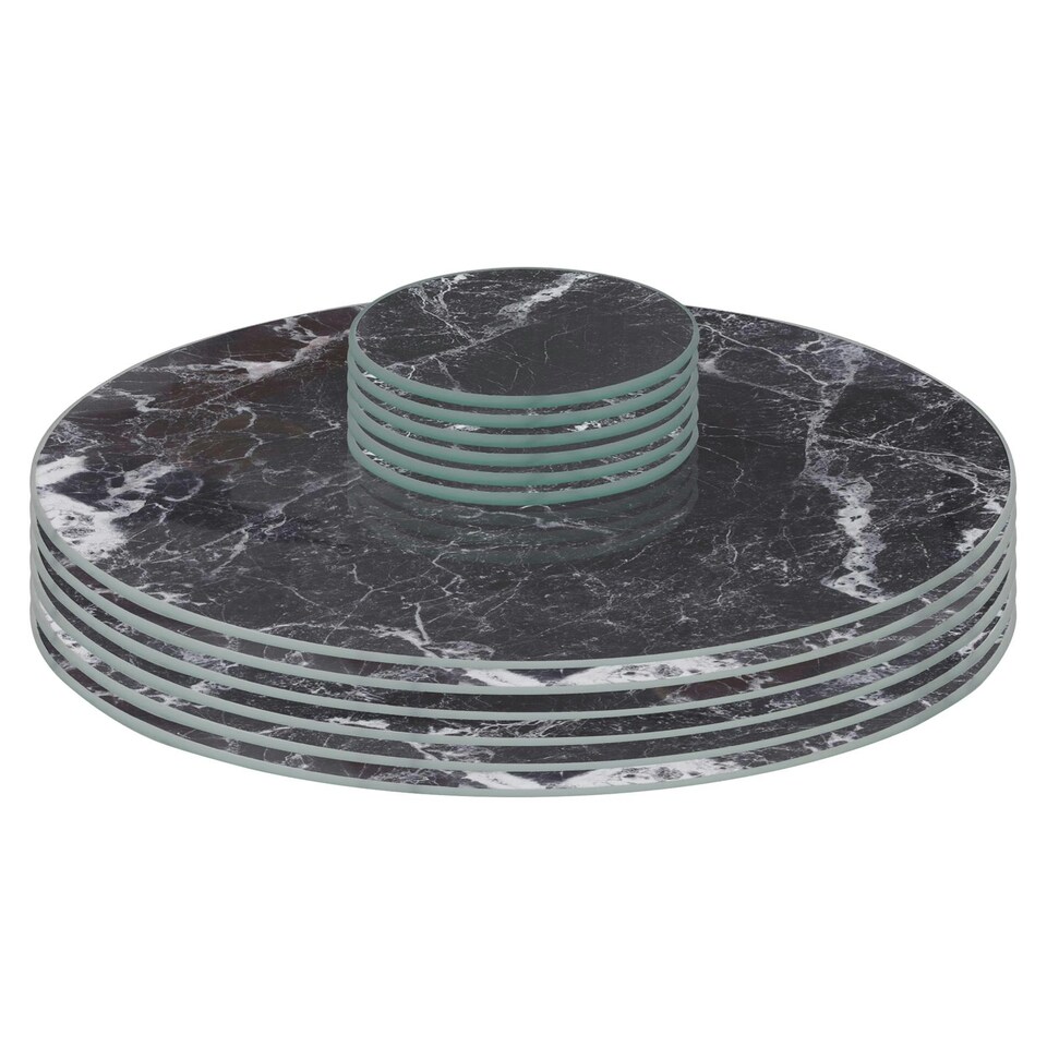 image 1 of Harbour Housewares Black Marble 12pc Round Glass Placemats & Coasters Set - 30cm Black