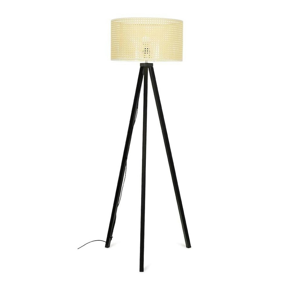 image 1 of ValueLights Barbro Black Tripod Floor Lamp Wicker Shade & Bulb