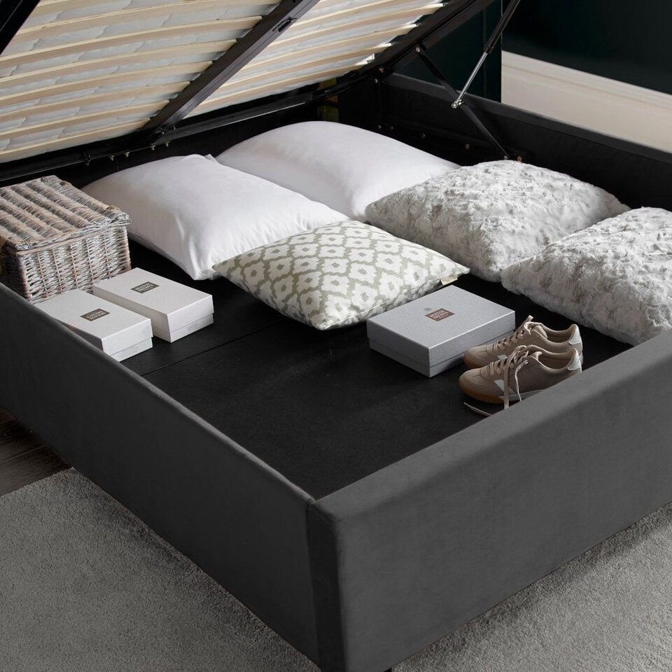 image 1 of 4ft6 Double Ottoman,Grey Velvet fabric upholstered,lift up,storage,tall winged bed frame. Gas lift up, Boutique Hotel style, tall headend board, wing back
