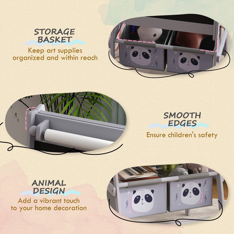 image 1 of AIYAPLAY Kids Easel with Paper Roll, Blackboard, Whiteboard, Storage, Grey