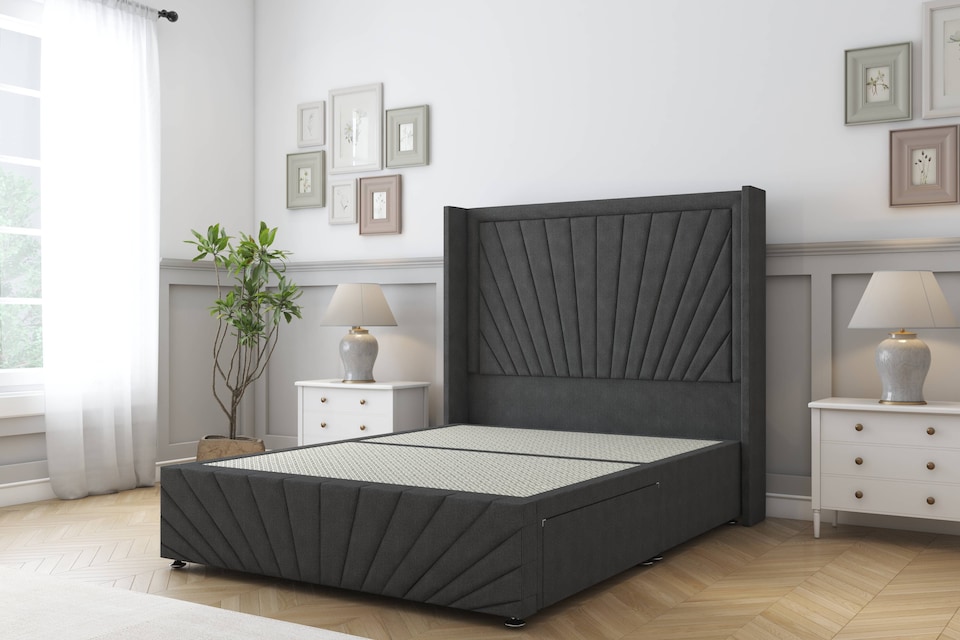 image 1 of Sloomy Rutherford Graphite Dumfries Divan Bed Base No Drawers With 54 Inch Wingback Headboard & 12 Inch Matching Footboard | Grey | Graphite | Single | 1