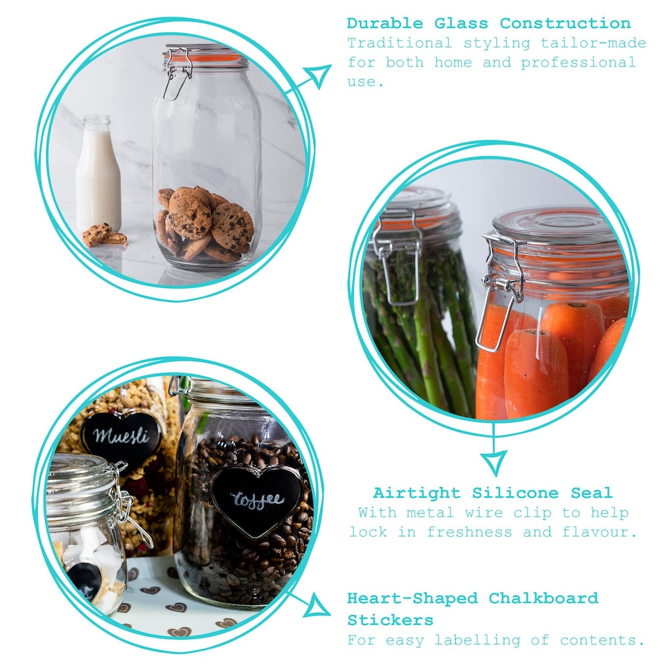 image 1 of Argon Tableware 6x Glass Storage Jars & Heart Labels Set - 200ml - 4 Seals Airtight Kitchen Storage Container Preserving Jar