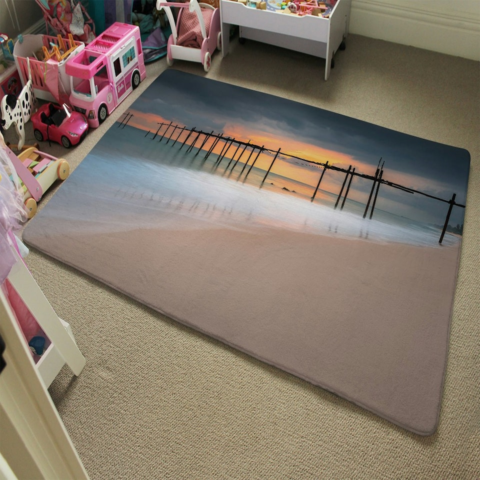 image 1 of Wood bridge sunset at sea thailand (Rug) (Rug) Multi | XL