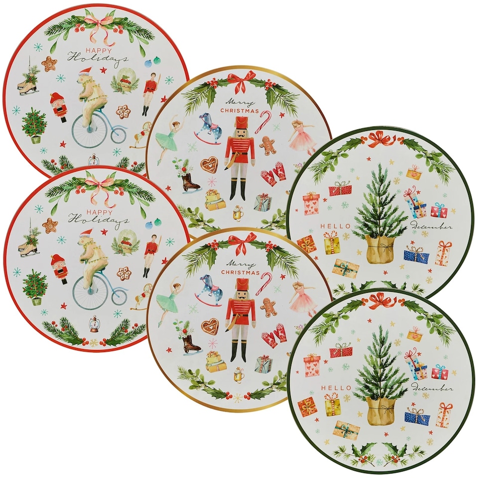 image 1 of 6 Pcs Christmas Charger Plates With Coloured Rim Festive Designs Placemats 33cm
