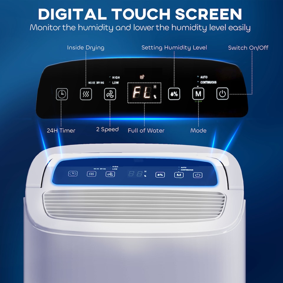 image 1 of HOMCOM 20LDay Dehumidifier with Continuous Drainage, 5L Water Tank, 24H Timer, Digital Humidity Display, Humidity Light, Dehumidifier for Home Damp, Bedroom, Condensation, Mould, Laundry Drying