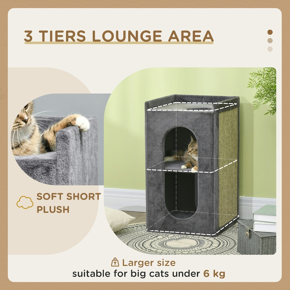 image 1 of PawHut 2-Tier Cat House with Scratching Pad Plush, 81cmH, Grey