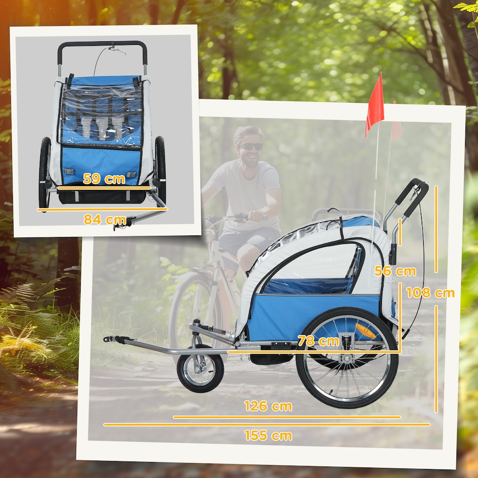 image 1 of HOMCOM 2 Seat Bike Trailer with 5 Point Harness, for 18+ Months, Blue | Blue | Blue