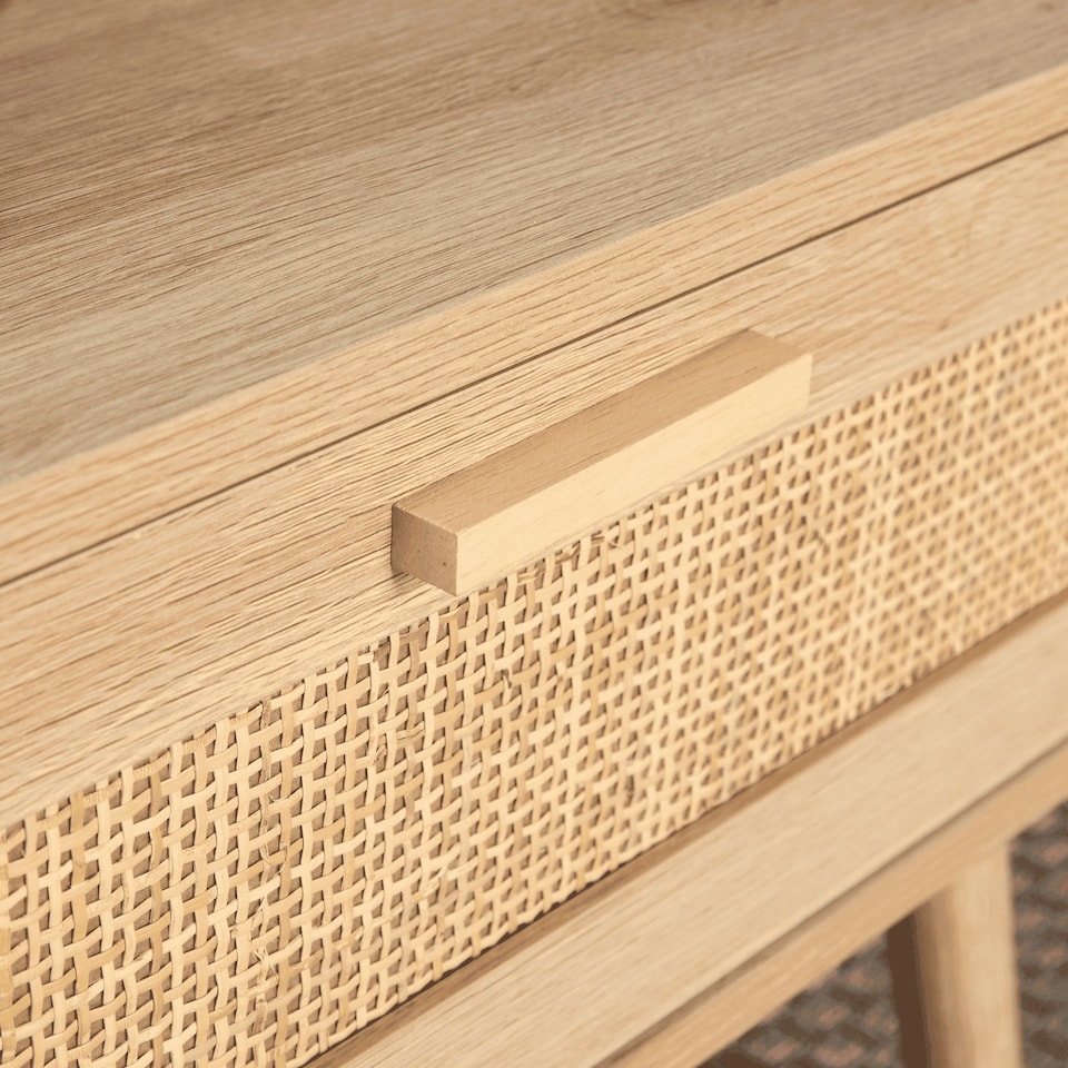 image 1 of Coffee Table Rattan Front Drawer Open Shelf Solid Wooden Legs Home Living Room
