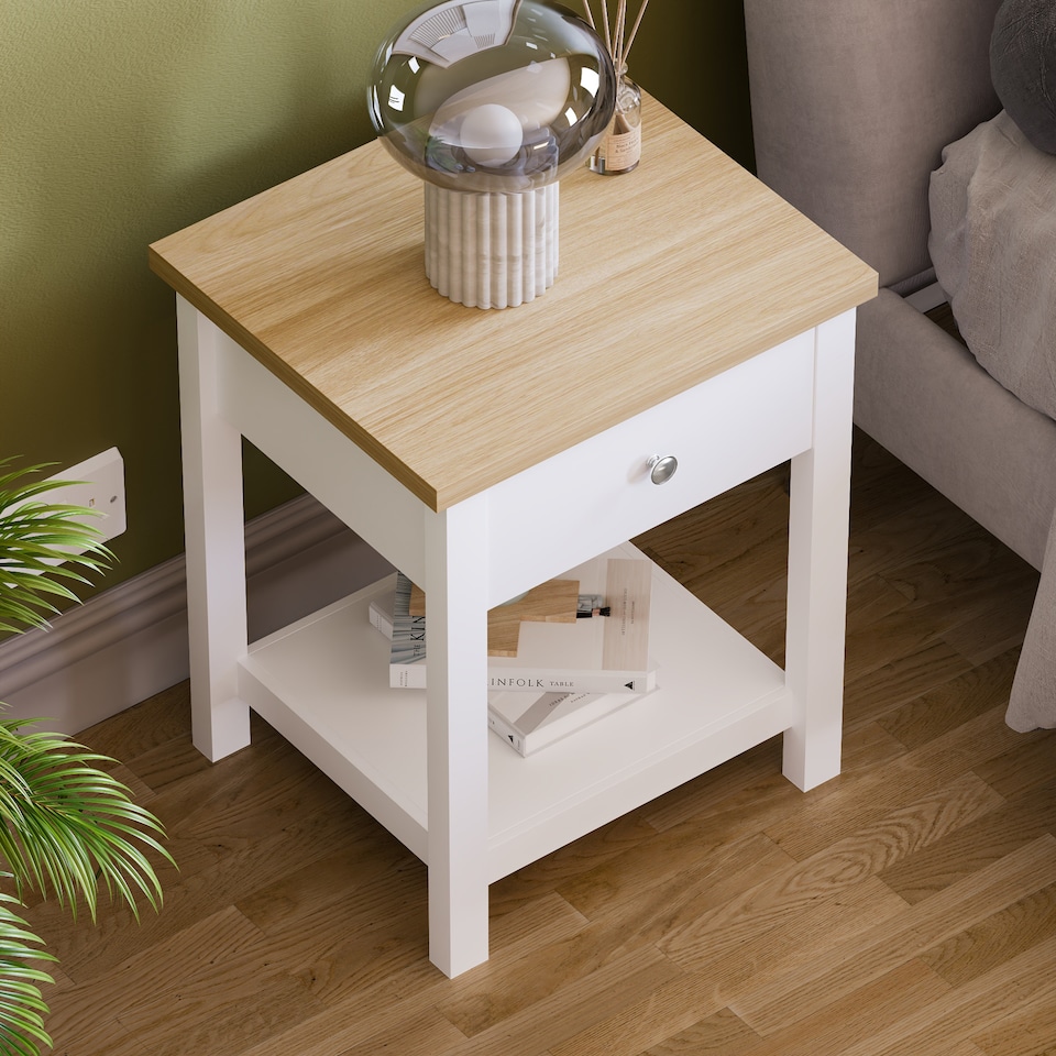 image 1 of Vida Designs Arlington 1 Drawer Side Table Shaker Sofa Bedside Table, White & Oak