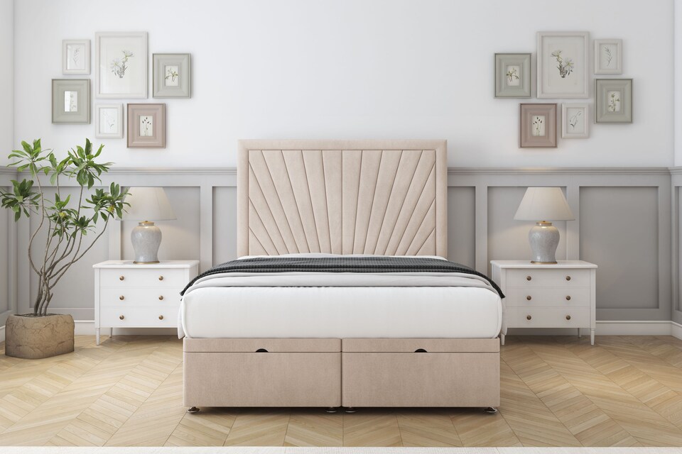 image 1 of Sloomy Somerset Sand Naples Ottoman Bed With Mattress With 54" Floor Standing Headboard 4'6 Double